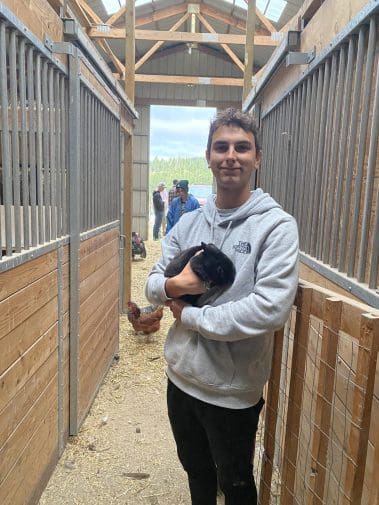 Holding a bunny in the barn